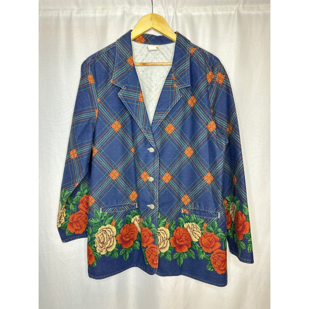 Vintage Vivaldi Jeanswear Tartan Denim Blazer Jacket LARGE Artsy Boho Western